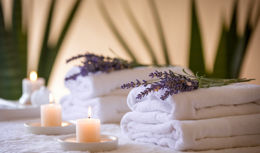 table-spa-serviettes-fleurs-lavande