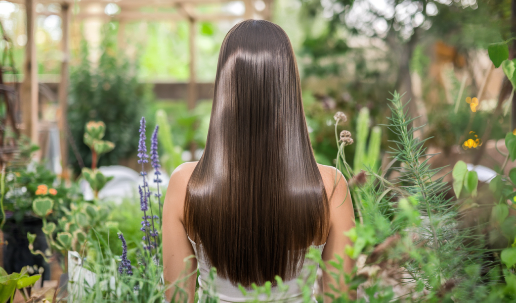 femme-cheveux-brillants-jardin-luxuriant