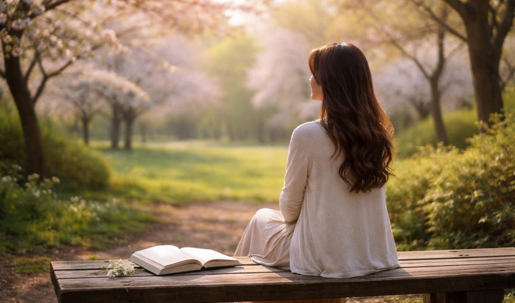 femme-banc-parc-arbres-fleurs