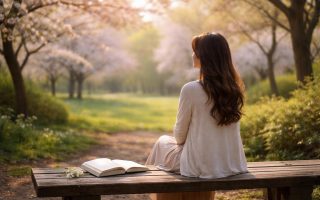 femme-banc-parc-arbres-fleurs