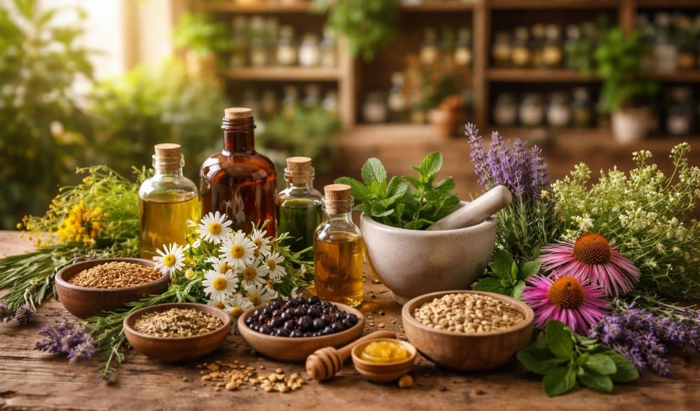 produits-naturels-plantes-medicinales-table-bois