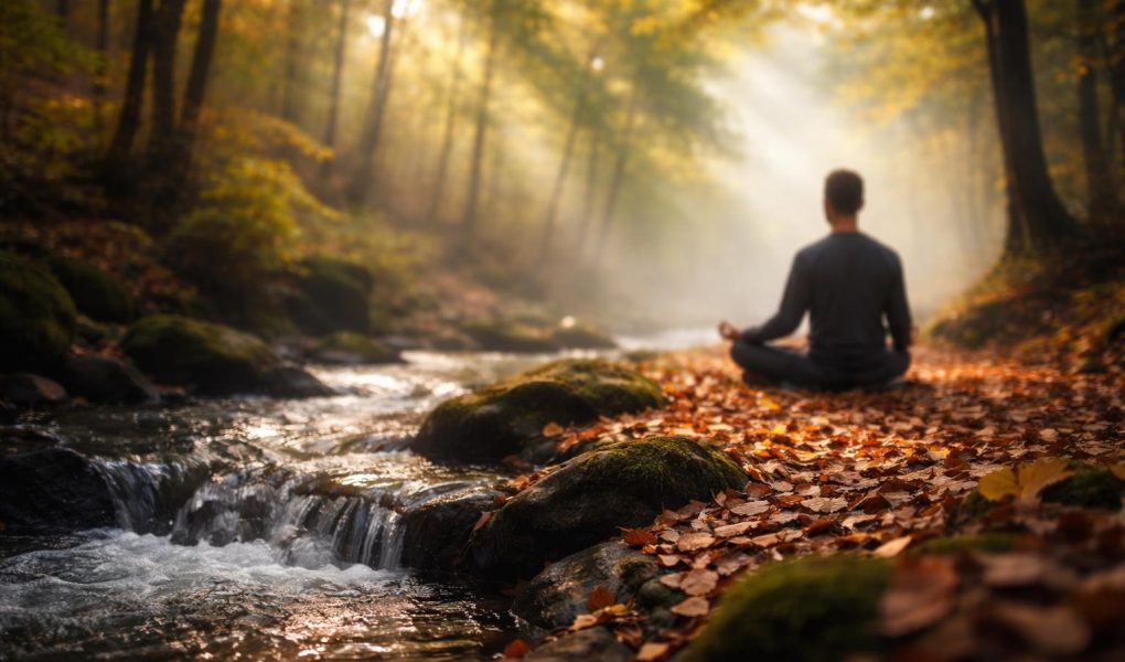 silhouette-meditation-foret-eau-rayons-lumiere