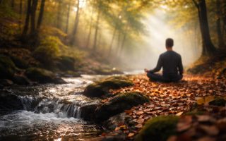 silhouette-meditation-foret-eau-rayons-lumiere