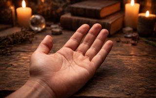 main-table-bois-ancien-bougies-livres